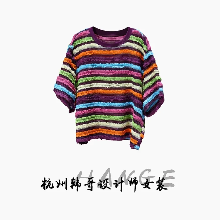 【韩哥女装】2025欧版时装周多巴胺彩色条纹感高克重短袖9505-C8