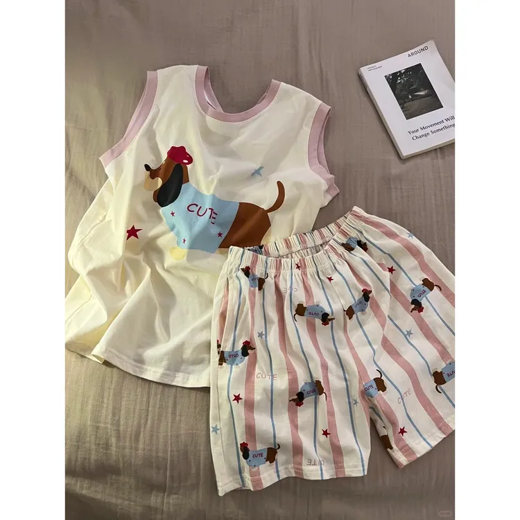 可爱少女卡通腊肠狗印花背心睡衣女夏季新款条纹短裤家居服套装女