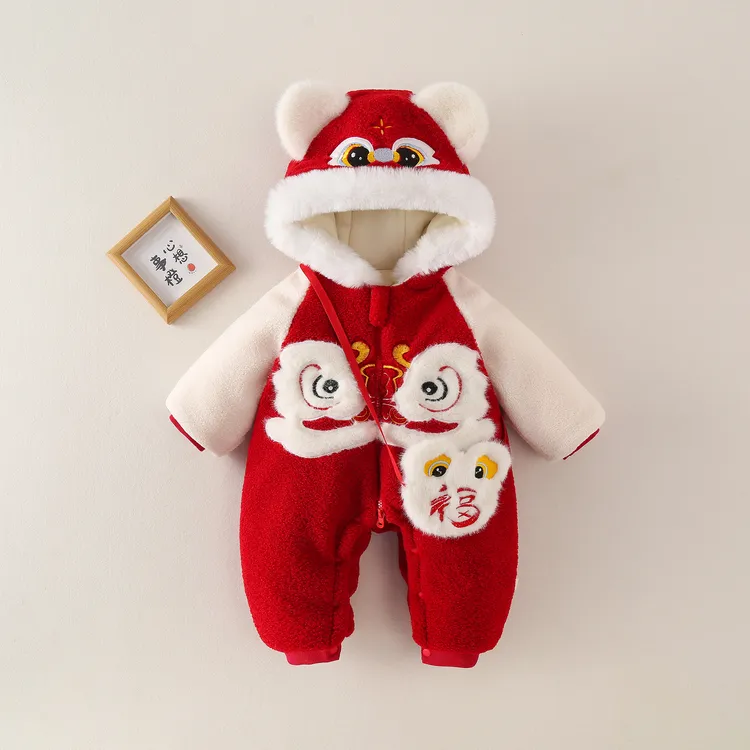 新生幼儿婴儿冬季加棉加厚中国风连体衣套装男女童宝宝拜年服