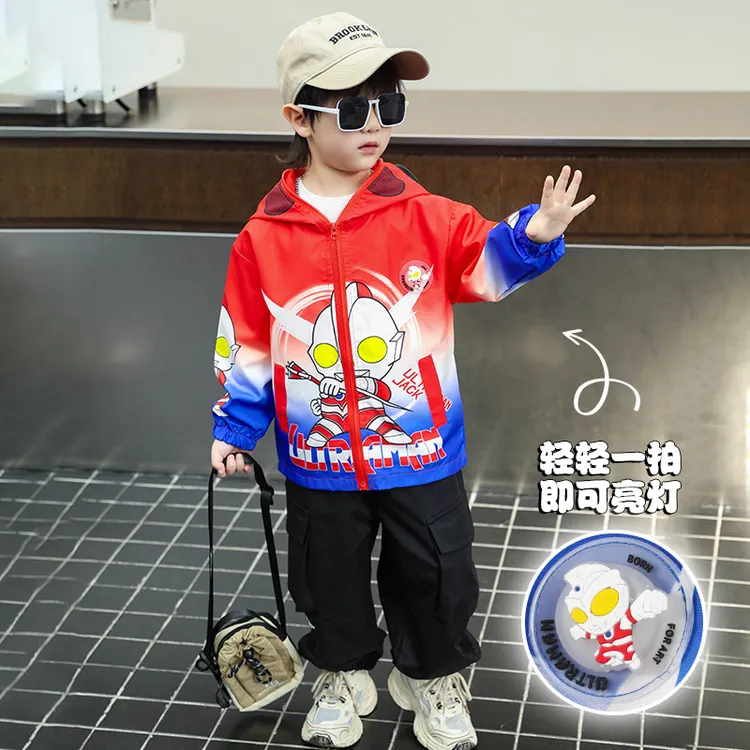 奥特曼男孩衣服春季男童帽子拉链到头顶外套儿童带护目眼镜戴墨镜