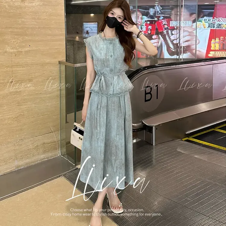 连衣裙套装女2025夏季新款蕾丝花边拼接短袖系带上衣半身裙两件套