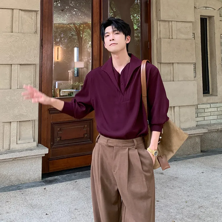 一轩轩轩【新意老钱】春秋设计感假两件休闲时尚男半开衫衬衫25672