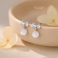 纯铜耳饰 韩系白猫眼石蝴蝶结耳钉女999时尚气质冷淡风耳坠高级感