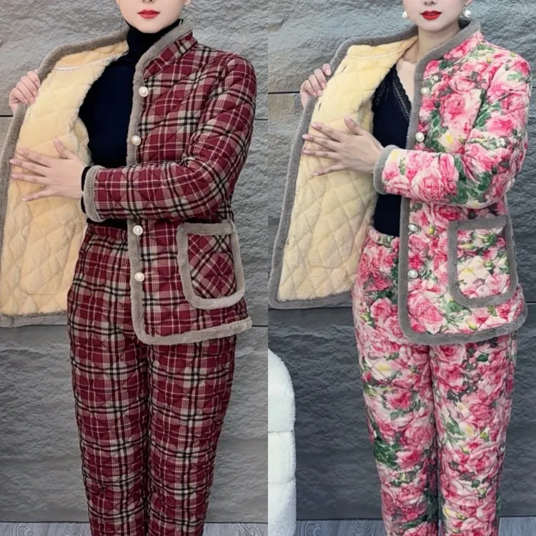 【冬季套装加厚】中国风常规纽扣厚款民族风中老年女装修身型长裤