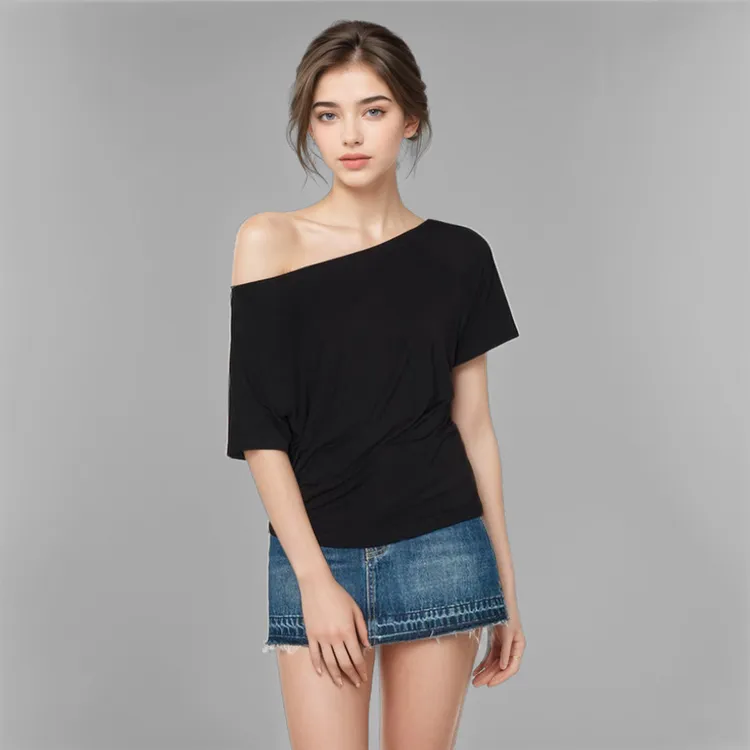 夏季百搭时尚休闲洋气小众设计感显瘦韩版风恤女风黑色纯露肩纯色