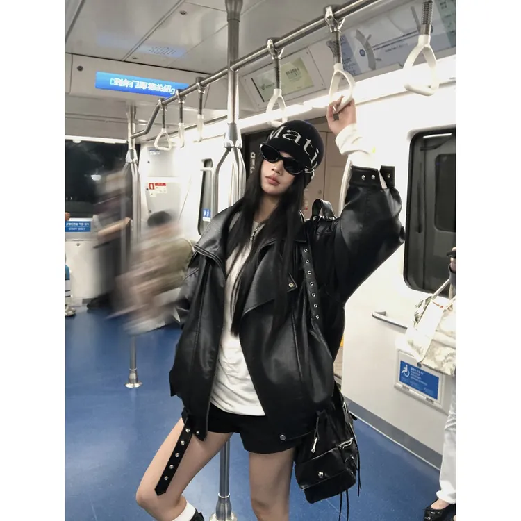 【林木木家】秋季早秋夏季港风辣妹机车夹克宽松皮衣黑色皮夹克外套