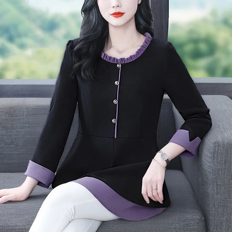 丹思慕大码女装秋季新款显瘦拼色优雅气质时尚百搭上衣ZSX25A0076