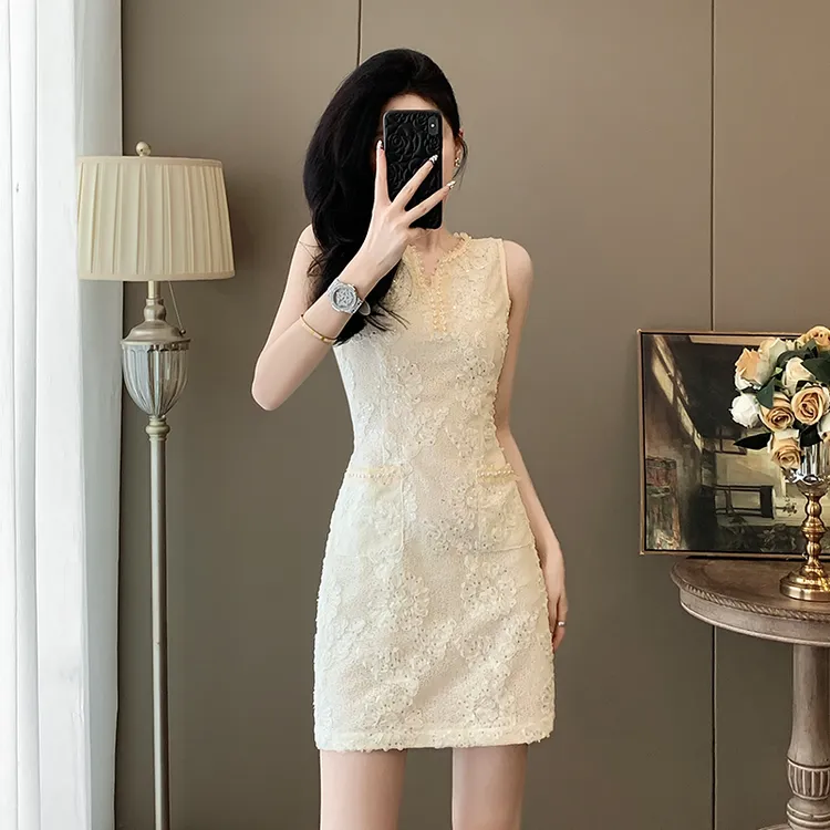 背心连衣裙白色少女不褪色连衣裙中式蕾丝夏季短款无袖短裙小个子