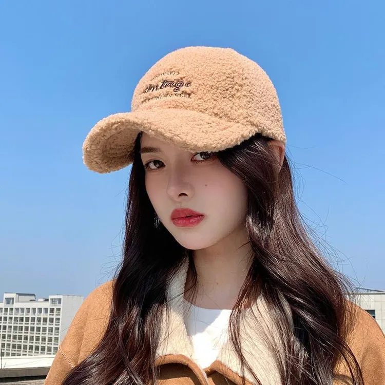 羊羔绒帽子女秋冬季百搭保暖棒球帽羊羔毛绒冬天大头围鸭舌帽N