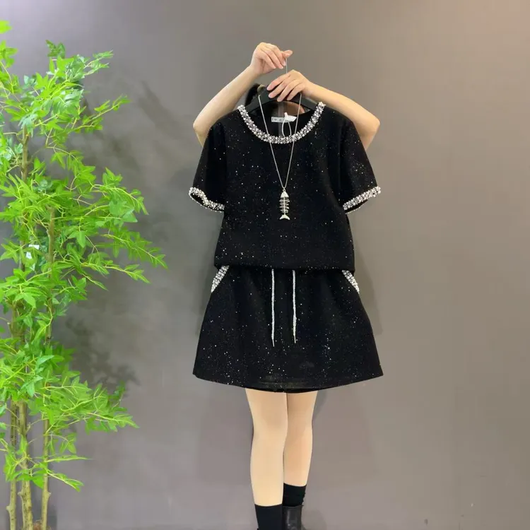 韩版时尚钉珠设计香风气质上衣+半身裙两件套夏季新款大码女装