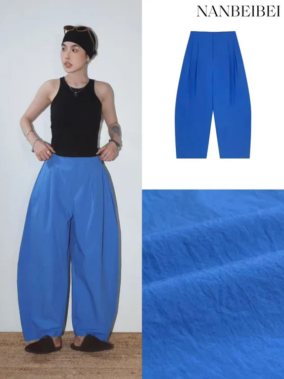 NanBeiBei ‘小蓝裤’ 极简设计款百搭弧形立裁捏褶廓形裤 0298