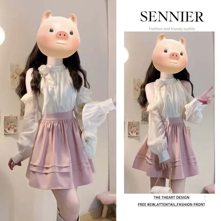 早秋温柔系穿搭女2025新款法式设计感小众露肩长袖衬衫短裙两件套
