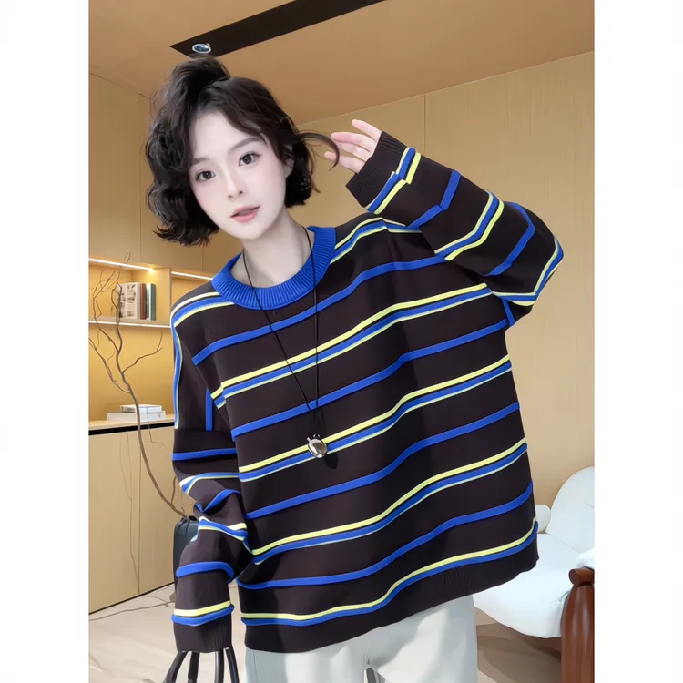 欧尼私服 2025秋冬新款小众设计极简风撞色宽条纹针织衫2510C7312