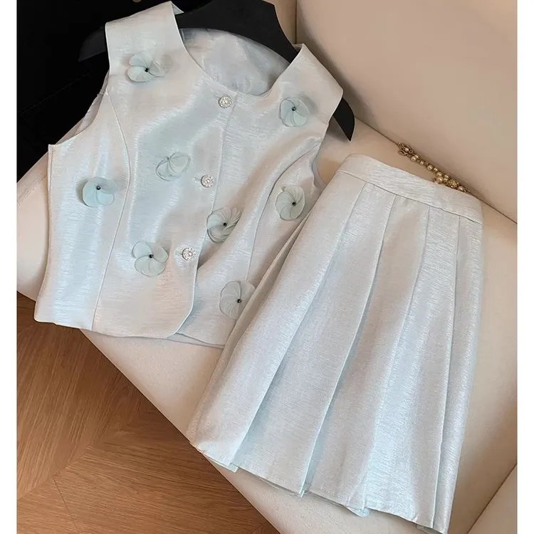 【龙哥质造】2025夏冰蓝色小香风马甲裙子高级感时尚减龄套装2996