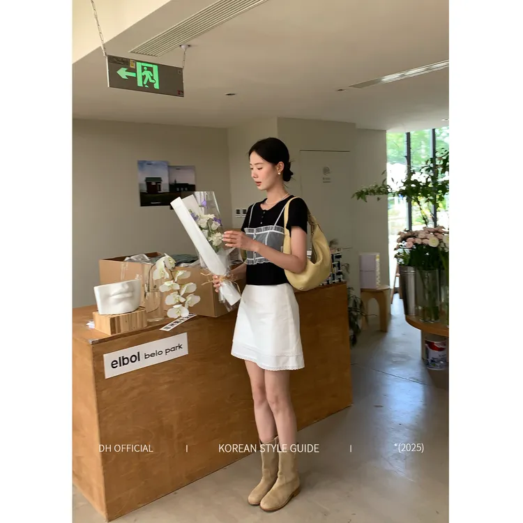 清 DH OFFICIAL 大花【白茶戚风 white】韩系白色双层蕾丝边A字短裙