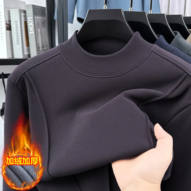 秋冬季新款加厚双面德绒长袖t恤男保暖上衣半高领打底衫加绒卫衣