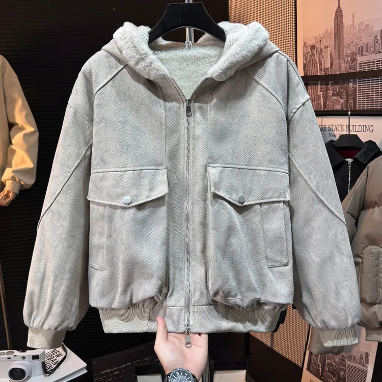 美式复古座山雕复古毛领连帽冬季棉服男女加厚加绒保暖棉衣外套