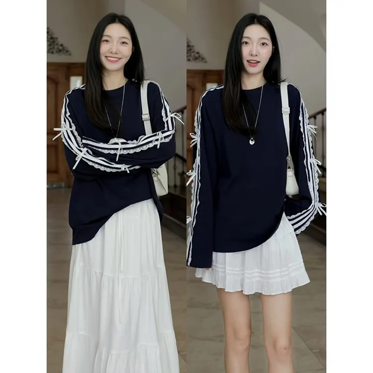 郭九九呢 棉芭蕾少女风蕾丝宽松长袖T恤蛋糕长短半裙 G924A13258