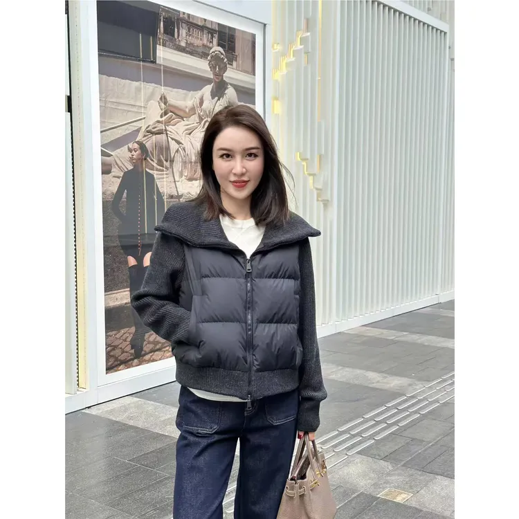 JESSICA WU深灰罗纹袖领银链针织拼接羽绒服256705005