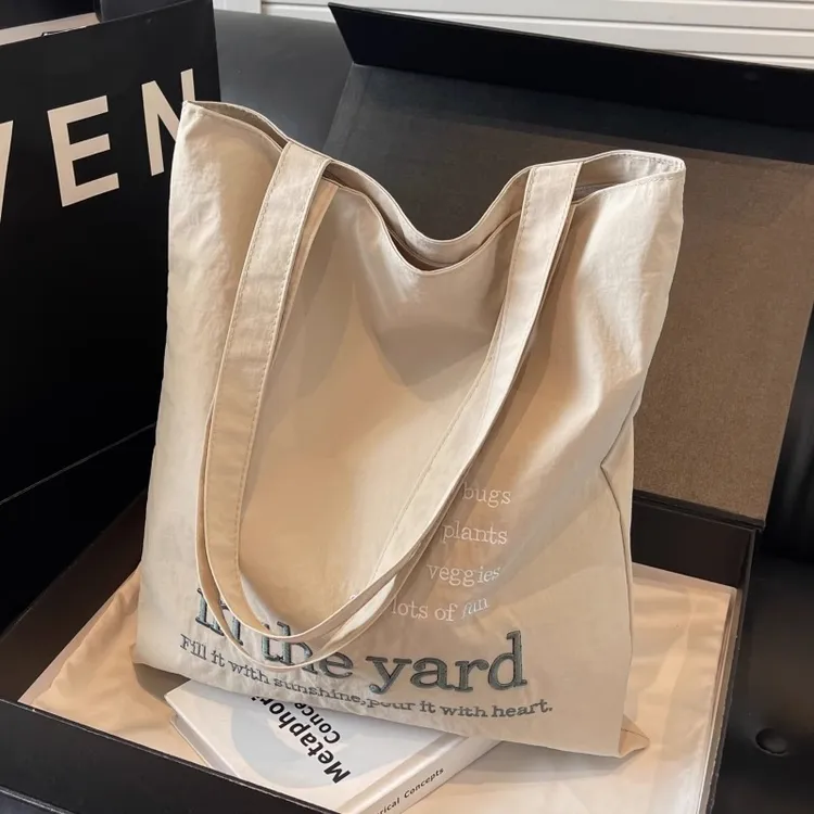 精致立体刺绣文艺帆布袋苔藓绿购物袋撞色小众布包双层牛津布包包