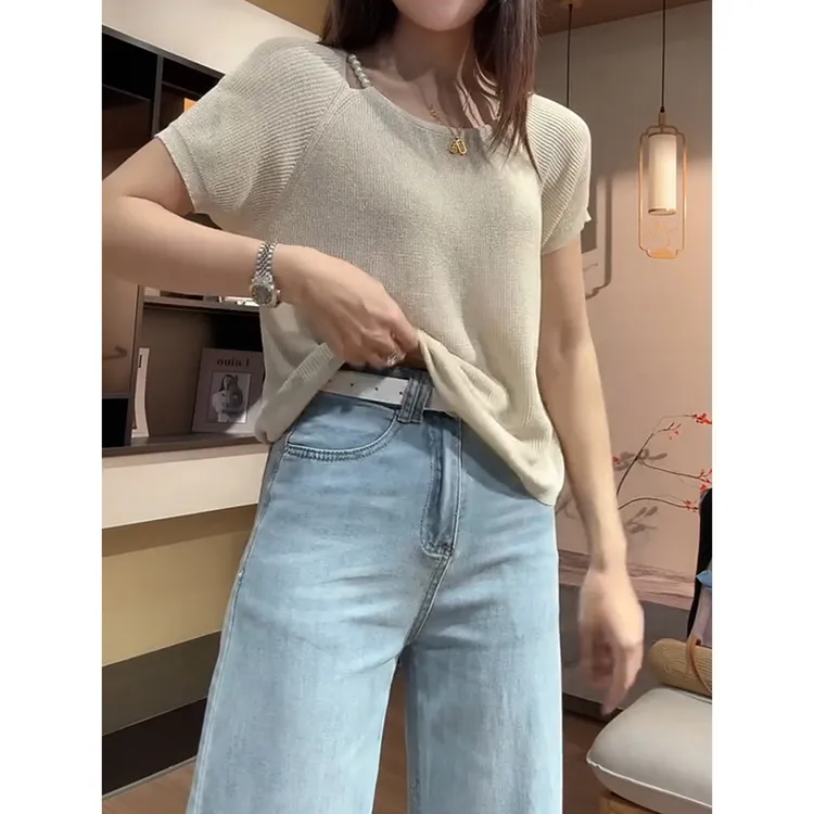 大码法式设计感冰丝短袖T恤女夏季新款微胖妹妹遮肉显瘦宽松上衣