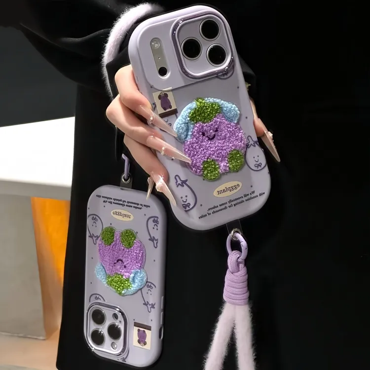 可爱小茄子刺绣适用苹果17/16promax挂绳手机壳华为vivoppo小米15