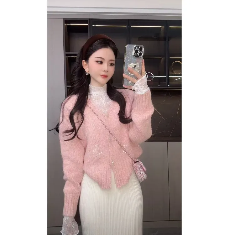 曼曼【低调光芒】小香风v领亮片针织毛衣开衫
