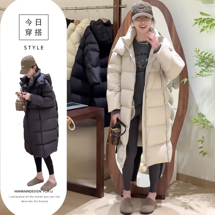 2025秋季新款韩版气质宽松显瘦设计感纯色连帽棉服女长款过膝外套