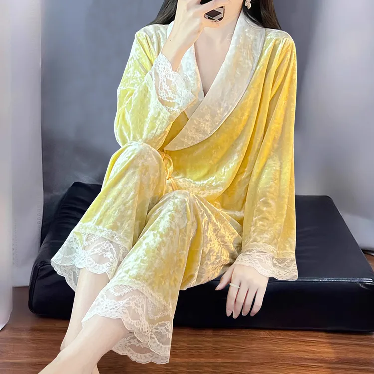 2025新款金丝绒睡衣女秋冬款高级感春秋款长袖家居服轻奢蕾丝大码