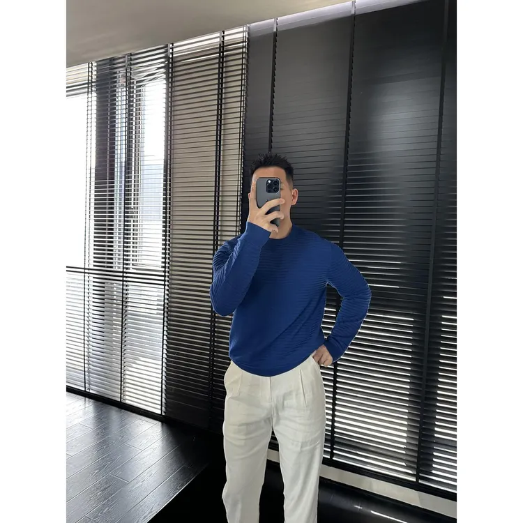 秋季新款条纹长袖圆领针织衫毛衣男舒适透气休闲百搭修身打底T恤
