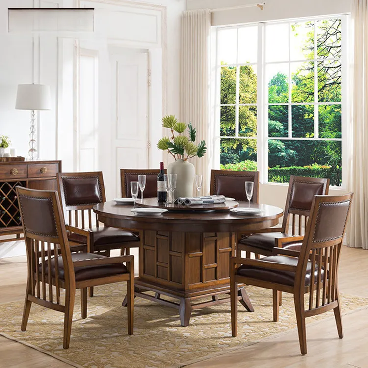 新中式圆餐桌美式实木餐桌带转盘家用复古高档圆形餐厅桌子圆桌