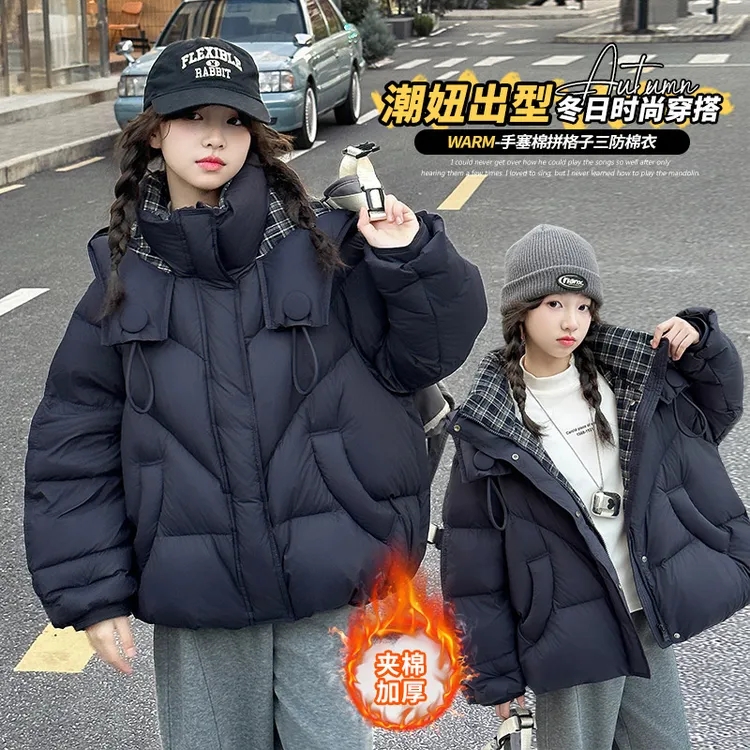 女童冬季加棉加厚棉服外套2025新联中大童洋气韩系连帽拼格子棉服
