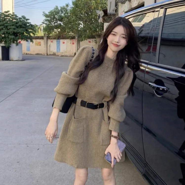 常规秋冬小个子收腰网红韩版别致加厚针织连衣裙打底内搭毛衣裙子