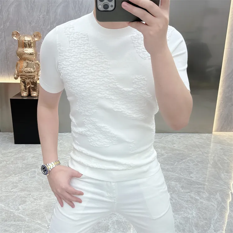 短袖男2025夏季新款欧货时尚个性字母提花修身帅气圆领短袖针织衫