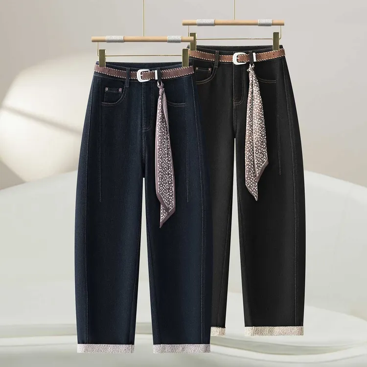 2025秋冬新款加绒加厚休闲九分牛仔弯刀裤高腰宽松百搭气球裤