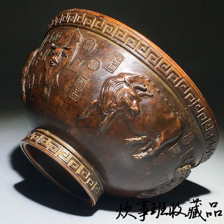 民间藏品农村老物件旧物旧货浮雕富贵牛老式收藏桌面摆件五牛图碗