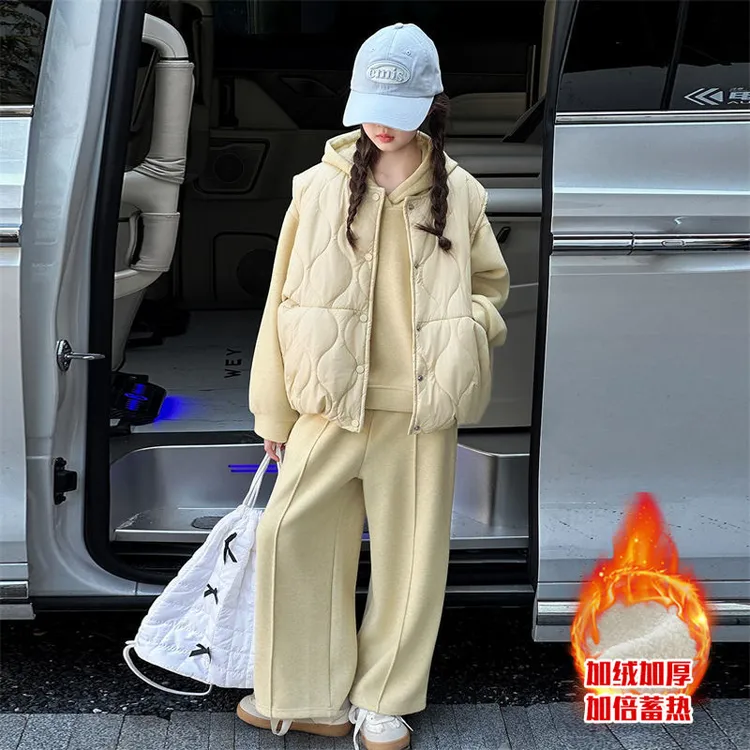 女童马甲卫衣套装加绒加厚秋冬2025新款儿童触动女大童三件套冬季