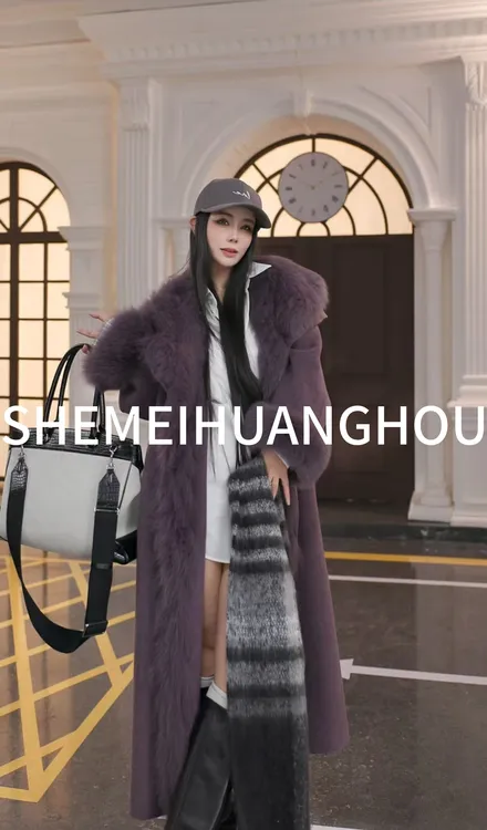 （柏林千金）原创狐狸毛大毛领羊绒大衣长款冬季皮草大衣外套DJ2535