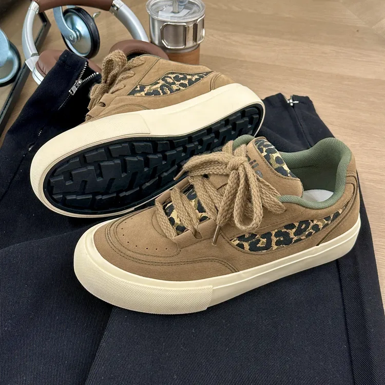 新款原创设计美式豹纹男鞋2025秋季复古面包开车板鞋厚底痞帅潮鞋