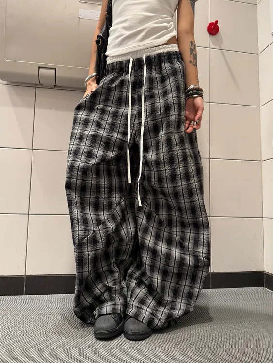 美式复古慵懒风双腰头拼接格子裤女夏季爵士街舞宽松休闲阔腿裤子