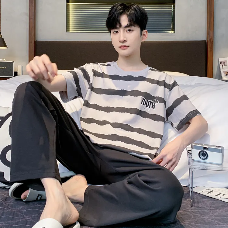 芬腾可安男士夏季纯棉2025年新款短袖长裤睡衣简约舒适家居服成人