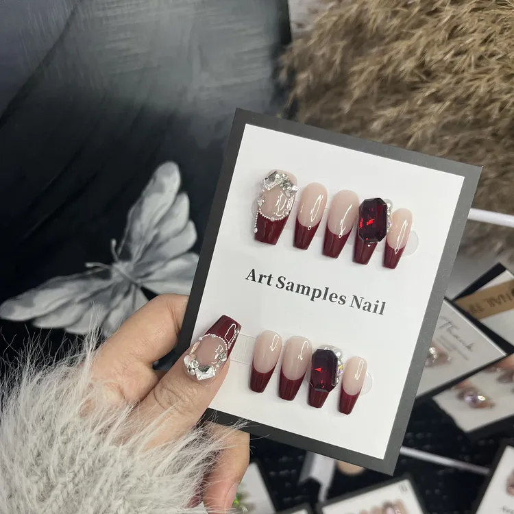 新年红气质显白御姐风暗红大八角钻法式纯手工穿戴甲