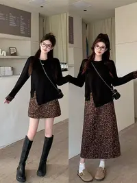 豹纹套装女装爆款高级感2025新款大码胖mm两件套上衣豹纹半身裙