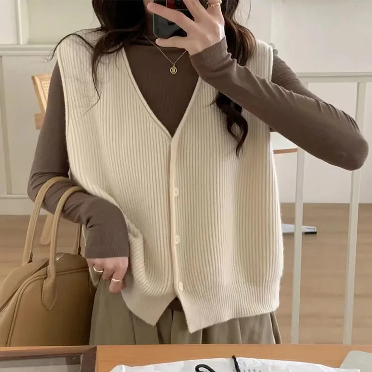 百搭小众薄款打底针织背心秋冬女V领无袖马甲开衫上衣针织衫外搭