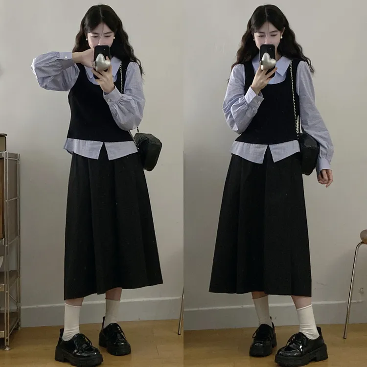 大码胖mm秋季新款学院风假两件拼接衬衫高腰半身裙两件套装女