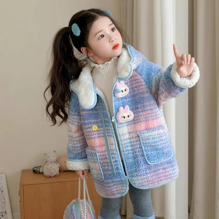 女童秋冬季加绒毛毛衣外套2025新款儿童洋气加厚保暖毛呢冬装上衣
