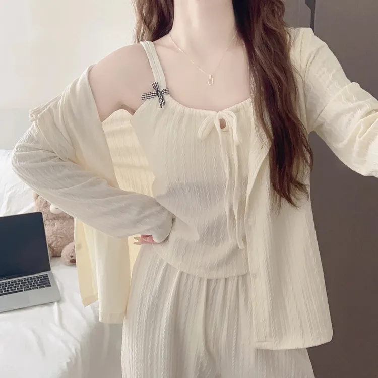 甜美蝴蝶结睡衣女春秋季带胸垫2025新款棉质长袖吊带三件套家居服