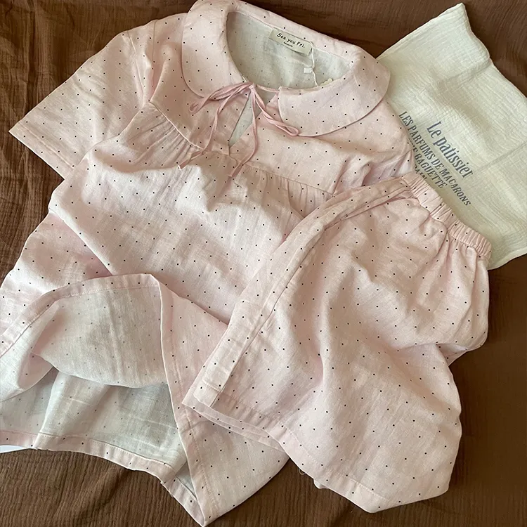【双层棉纱】波点印花粉色少女短袖睡衣女夏季2025新款短裤居家套装