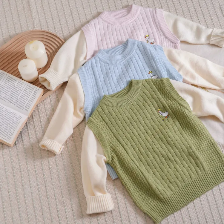 儿童秋冬童装女童卡通文艺毛衣新款男童假两件套头针织衫网红上衣