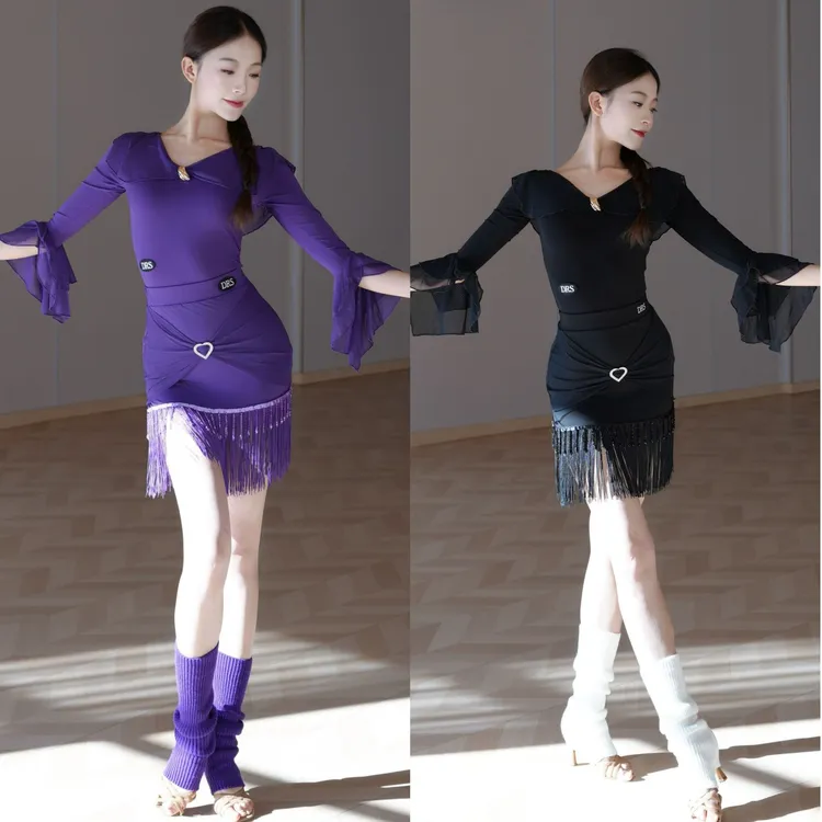 DRS新款拉丁舞纱影别针女高级感V领长袖珠管流苏裙国标舞练功服
